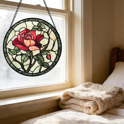 Stained Glass Window Hanging, Red Rose Flowers Sun Catcher for Door Garden Home Decor Suncatcher Christmas Mother's Day Birthday Gifts for Women Lovers Men Wife Girlfriend Mom Nana 9.8 in