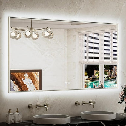 TETOTE 55 x 30 Backlit Mirror Brushed Nickel Metal Frame LED Light Vanity 3-Color White/Warm/Natural Stepless Dimmable Anti-Fog Backlight Mirror Wall-Mounted