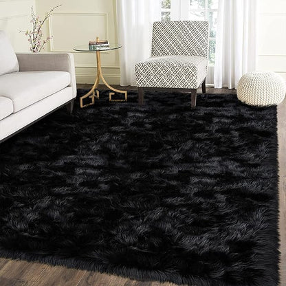 Latepis Rugs for Living Room Alfombras para Salas 5x8 Faux Sheepskin Black Fur Rug Fluffy Shag Plush Rugs for Bedroom Luxury Room Décor, Rectangle