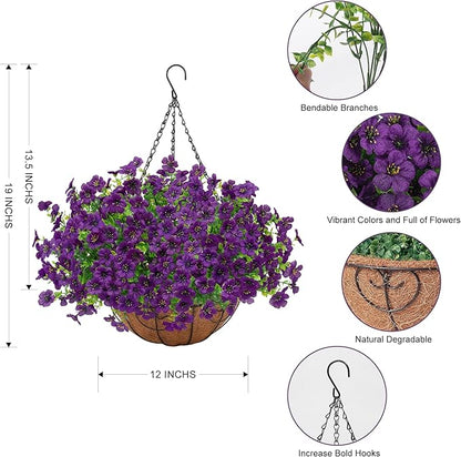 Artificial Fake Hanging Plants Flowers Basket Outdoors Outside Summer Decor, Hanging Planter with Faux Silk Daisy Flower Realistic UV Resistant for Porch Front Patio Balcony Garden Yard Spring（Purple）