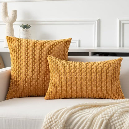 Kevin Textile Throw Pillow Covers Soft Corduroy Decorative Set of 2 Boho Striped Pillow Covers Pillowcases Farmhouse Home Decor for Couch Bed Sofa Living Room 20x20 Inch Golden Yellow