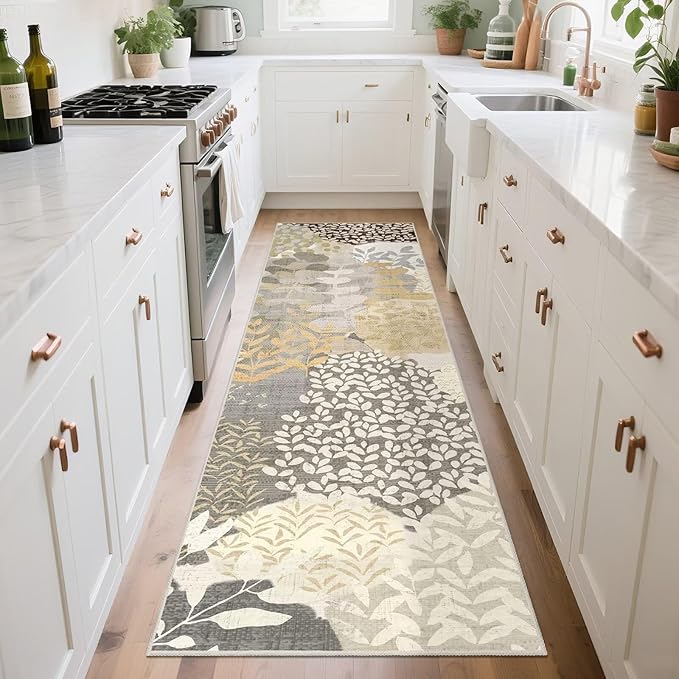 DEXDE Runner Rug 2x8, Washable Hallway Boho Soft Area Rugs Abstract Long Non Slip Leaves Floral Vintage Floor Carpet for Entryway Kitchen Laundry Bathroom Bedroom, Gray