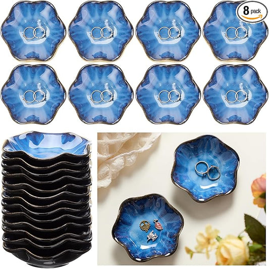 8 Pcs Ceramic Trinket Dish Lotus Leaf Jewelry Tray Small Ring Dish for Earrings, Rings, Jewelry Holder, Key Bowl(Blue)
