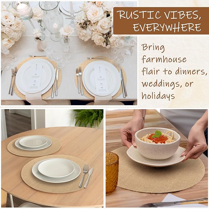 Kochorie 50 Pieces Burlap Placemats 11.8 Inch Round Reusable Brown Table Mats Natural Jute Fibers Placemats Bulk Circle Rustic Table Decorations for Dining Wedding Holiday Farmhouse Supplies