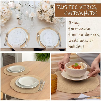 Kochorie 100 Pieces Burlap Placemats 11.8 Inch Round Reusable Brown Table Mats Natural Jute Fibers Placemats Bulk Circle Rustic Table Decorations for Dining Wedding Holiday Farmhouse Supplies