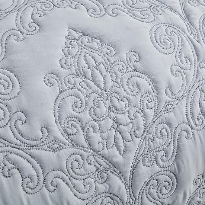 CHIXIN Bedspread Coverlet Quilt Set Full Size - Lightweight Bedding Cover - Beautiful Stitching - 5 Piece Reversible Bedspread - Luxury Damask Paisley Pattern (Full, Light Grey)