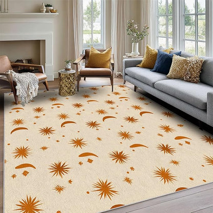 Boho Style Rug, 5x7 Area Rugs Sun Moon Star Terracotta Abstract Pattern for Living Room, Bedroom, Boho Style Home Decor Accessories Indoor Carpet, Non Slip & Machine Washable