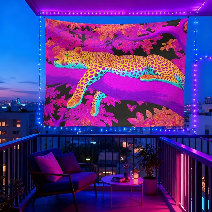 seewan Black Light Leopard Tapestry, UV-Reactive Glow-in-the-Dark Sleeping Jaguar Wall Hanging, Psychedelic Pink Jungle Animal Art Wall Decoration for Bedroom, Dorm, or Living Room Background