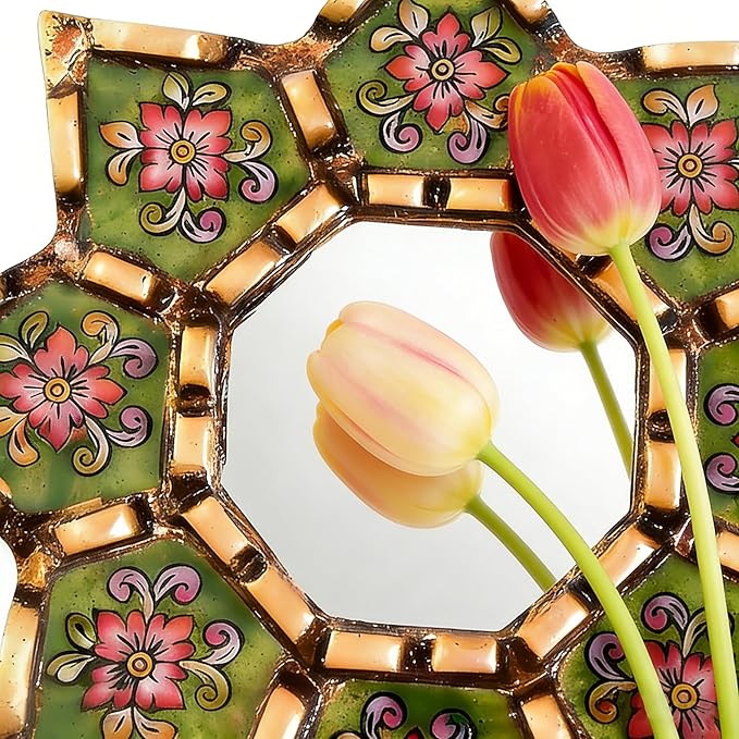 Peruvian starburst mirror Decorative Wall Mirror 11.8 Inch 2D Pattern Mirrors Small Decorative Mirrors for Living Room, Boho & Moroccan Style Mirror Wall Art with Wood Frame, Vintage Home Decor