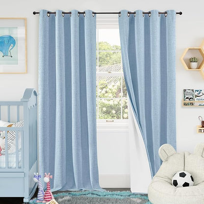 Baby Blue Linen Blackout Curtains for Nursery 84 Inch Length 2 Panels Set, Thermal Insulated Boho Total Black Out Noise Reducing Bonzer Grommets Window Curtains for Kids Bedroom, Each 60 Inch Wide
