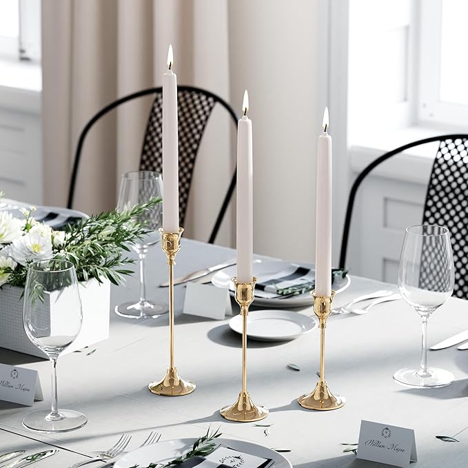 Set of 12 French Gold Candle Holders for Taper, Vintage Candlestick Holder Decorative Metal Candle Sticks Home Decor Centerpieces for Table Mantel Festive Decorations