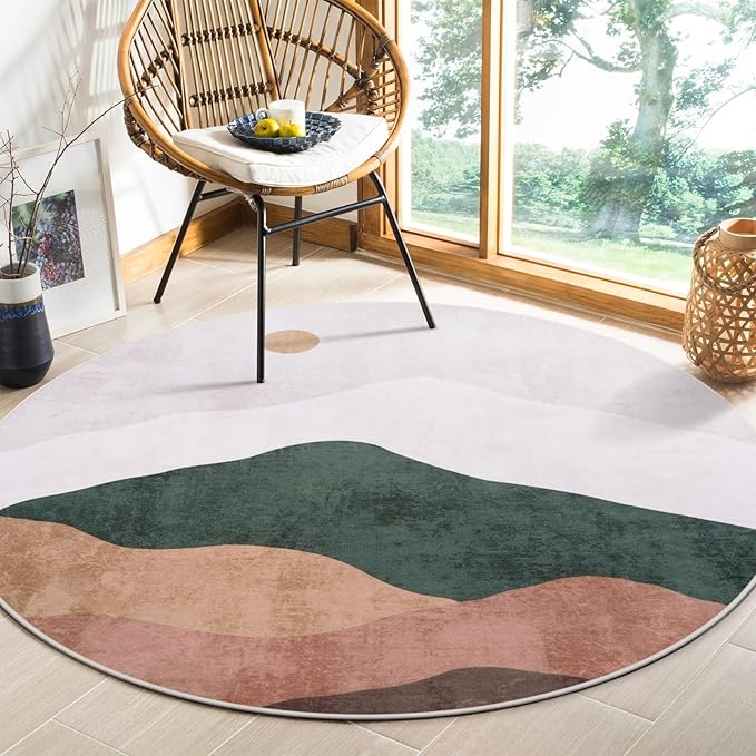 4ft Abstract Round Rug,Soft Washable Non-Slip Sun and Mountain Circle Kids Room Rugs,Chic Faux Wool Low-Pile Circular Throw Rugs for Entryway/Bedroom/Nursery/Living Room/Bathroom(Grey)