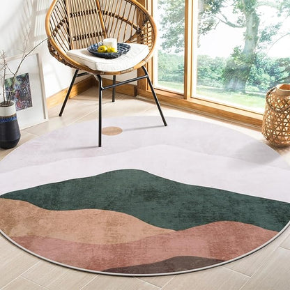 4ft Abstract Round Rug,Soft Washable Non-Slip Sun and Mountain Circle Kids Room Rugs,Chic Faux Wool Low-Pile Circular Throw Rugs for Entryway/Bedroom/Nursery/Living Room/Bathroom(Grey)