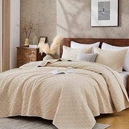 King Quilt Set with Shams Lightweight Quilted Bedspread Coverlet Thin Comforter Bed Cover Vintage Washed Quilted Blanket for All Season, Brushed Microfiber Diamond Stitching, Beige, 104"x92"