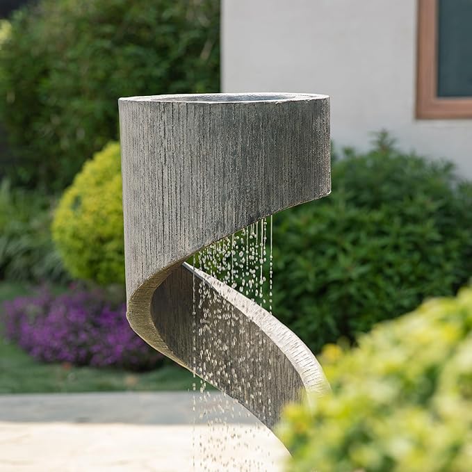 Glitzhome Tiered Outdoor Water Fountain with LED Light, Modern Spiral Outdoor Fountain with Stone Planter, Freestanding Curved Waterfall Fountains for Garden Patio Deck Porch, 40”H