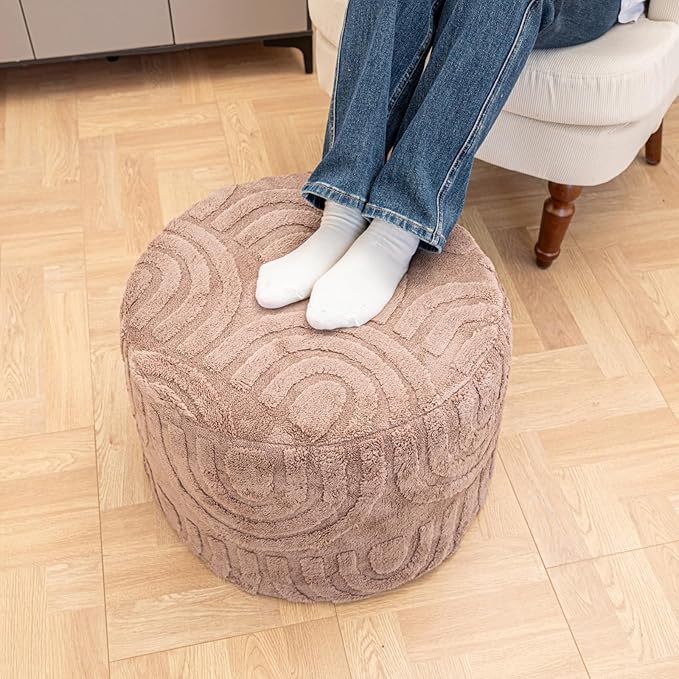 Round Plush Ottoman Pouf Stuffed– Fluffy Ottoman Foot Rest with Modern Foam Filler 20" x 14" Cozy Floor Pouf for Living Room & Bedroom