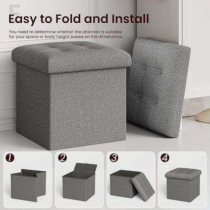 YOUDENOVA 15 inches Storage Ottoman Cube, Foldable Storage Boxes, Padded Seat for Dorm Living Room, Support 300lbs, Line Fabric Grey
