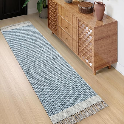 Lahome Boho Kitchen Runner Rug, 2'6''x8 Runners for Hallways Lightweight Bathroom Rug Woven Cotton Throw Mat with Tassels, Farmhouse Blue Runner Rugs Non Shedding Rugs for Laundry Room Rv Decor