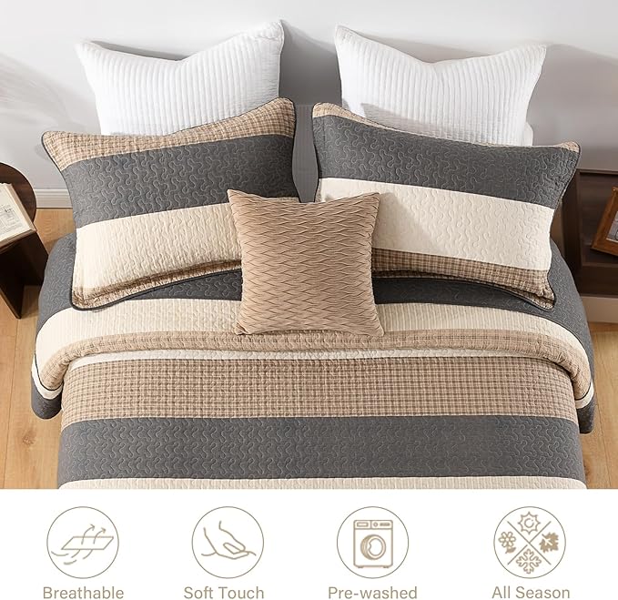 Finlonte Striped Bedspread Set Overszied Queen Size Lightweight Quilted Bed Spread Comforter Sets, Charcoal/Brown/Beige