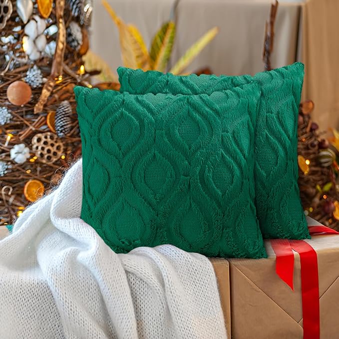 decorUhome Throw Pillow Covers 12x20 Inch Set of 2, Soft Plush Faux Wool Green Solid Couch Pillow Covers, Accent Farmhouse Neutral Square Pillow Cases for Sofa Bed Living Room