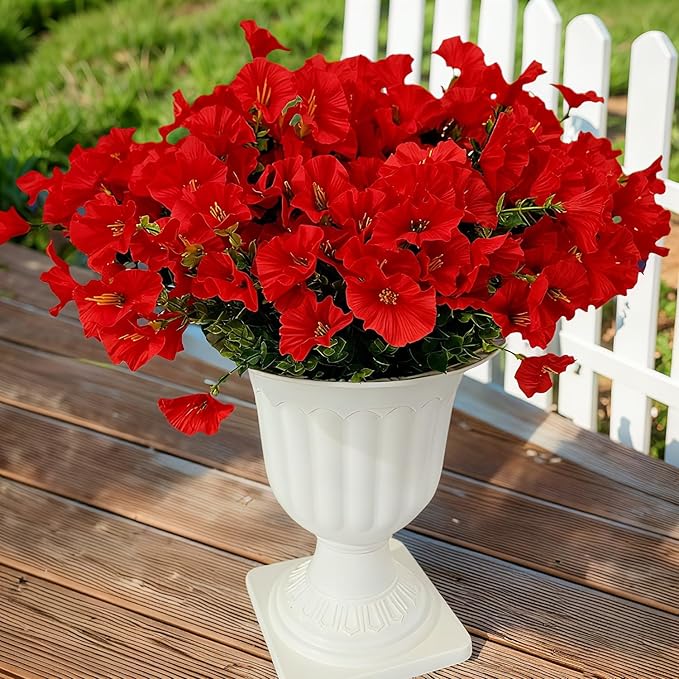 Artificial Silk Flowers for Outdoor Decoration,12 Bundles Faux Flowers Colorful Morning Glory with Eucalyptus Fake Plants Greenery UV Resistant for Outside Front Door Planter Porch Patio Yard