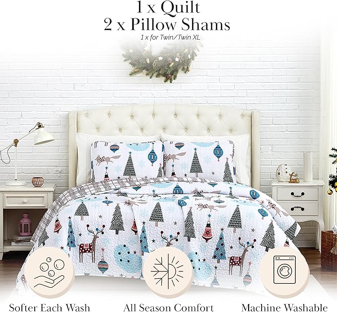 Southshore Fine Living, Inc. Christmas Bedding Set, Twin Size Christmas Quilt Set with Matching Pillow Sham, Holiday Bedding Set, Reversible Quilt, Cute Trees & Reindeer Over Red Plaid Print