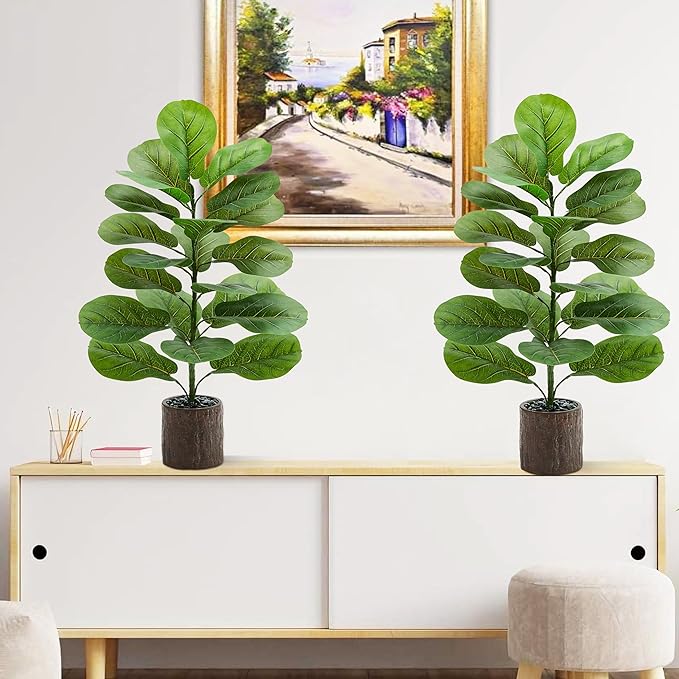 2 Pack Artificial Fiddle Leaf Fig Tree 30in, Large Realistic Faux Ficus Lyrata Plant with Pot Table Top Faux Plant for Indoor Outdoor Home, Office, Living Room, Bathroom Decor (Wood-grain pot, 30in-2)