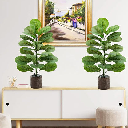 2 Pack Artificial Fiddle Leaf Fig Tree 30in, Large Realistic Faux Ficus Lyrata Plant with Pot Table Top Faux Plant for Indoor Outdoor Home, Office, Living Room, Bathroom Decor (Wood-grain pot, 30in-2)