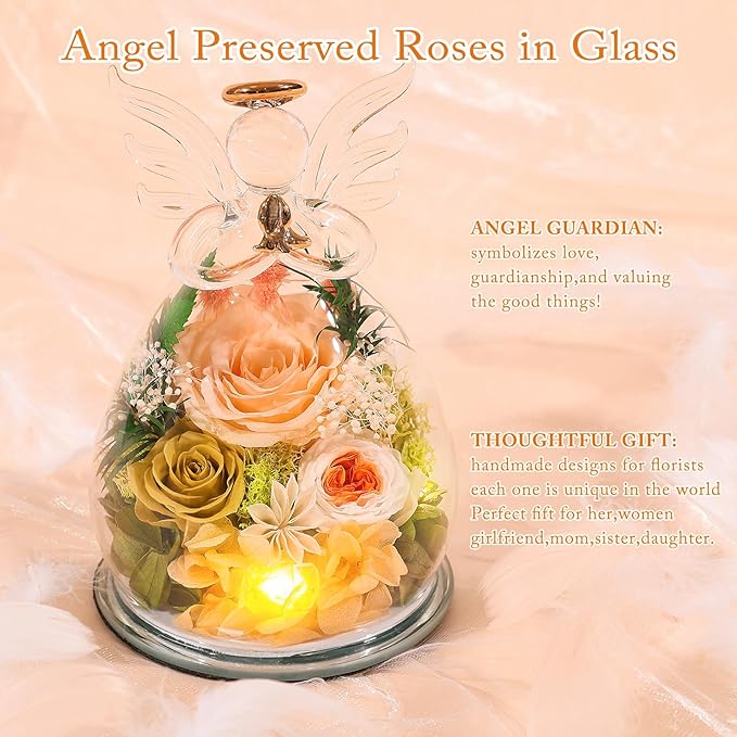 Gifts for Mom Birthday Gifts for Women Preserved Rose Forever Flower in Glass Angel Figurines Fresh Flowers for Delivery Mothers Day Anniversary Real Colorful Roses for Grandma Her Wife from Daughter