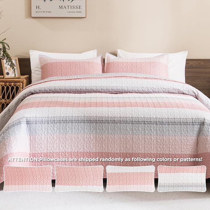 Litanika California King Quilt Set Pink - Cal King Oversized Stripe Comforter Bedspreads & Coverlets - Soft Lightweight Quilted Bedding Set for All Season(1 Quilt, 2 Pillowcases)