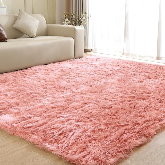 Shag Area Rugs 9x12 Rugs for Living Room Pink Washable Fluffy Sheepskin Fur Rugs for Bedroom Nursery Fuzzy Rug