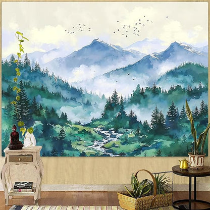Haibimen Monet Nature Mountain Tapestry Wall Hanging Green Forest Stream Birds Landscape tapestrise for Bedroom Watercolor Aesthetic Wall Decor for Living Room Dorm (forest-3, 60''×44'')