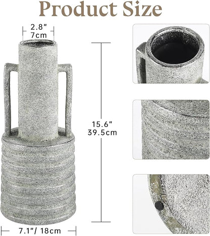 Hollyone Large Vintage Ceramic Vase with 2 Handles, 15.6" Tall Silver-Toned Antique Rustic Decorative Floral Grey Vases for Flowers Home Table Centerpiece Shelf Living Room Entryway Farmhouse Decor