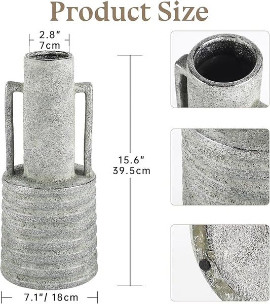 Hollyone Large Vintage Ceramic Vase with 2 Handles, 15.6" Tall Silver-Toned Antique Rustic Decorative Floral Grey Vases for Flowers Home Table Centerpiece Shelf Living Room Entryway Farmhouse Decor
