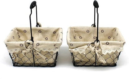 CVHOMEDECO. Primitives Country Chicken Wire Small Gift Baskets Gathering Baskets with Swing Handle and Fabric Liner. Set of 2 (Rectangular)