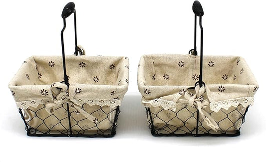 CVHOMEDECO. Primitives Country Chicken Wire Small Gift Baskets Gathering Baskets with Swing Handle and Fabric Liner. Set of 2 (Rectangular)