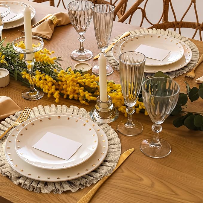 Aneco 6 Pack 15 Inch Round Burlap Placemats Braided Jute Placemats with Ruffle Edge Heat Resistant Reusable Brown Table Mats for Weddings Parties Holidays Dining Table