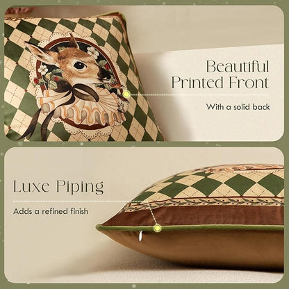 Grandmillennial Checkered Pillow Cover, Velvet Euro Sham Covers Decorative Throw Pillow Covers 18x18 for Couch Sofa Bed Living Room, Christmas & Holiday, Deer Green