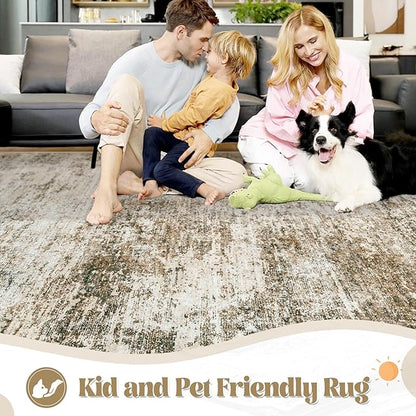 5x7 Area Rugs for Living Room, Washable Modern Abstract Large Area Rug Neutral Soft Non Slip Kids Rug Stain Resistant Indoor Carpet for Bedroom Nursery Dining Room Home Office(Brown, 5'x7')