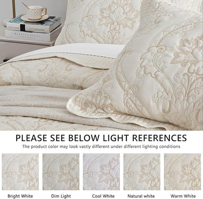 CHIXIN Bedspread Coverlet Set Queen Size - Lightweight Bedding Cover - Beautiful Stitching - 5 Piece Reversible Bedspread - Gorgeous Damask Paisley Pattern (Queen, Ivory-Yellow)