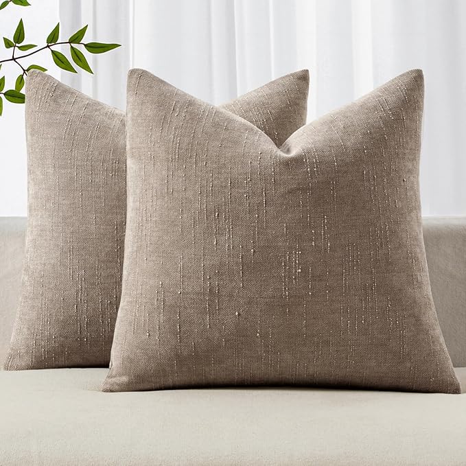 MIULEE Pack of 2 Decorative Throw Pillow Covers Soft Chenille Throw Pillows Solid Textured Cushion Covers for Couch Sofa Bedroom Living Room 18x18 Inch, Light Taupe