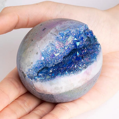 Sportmusies Titanium Coated Rock Crystal Geode Ball with Wooden Stand, Druzy Quartz Stone Cluster Sphere Reiki Home Office Decoration, Blue