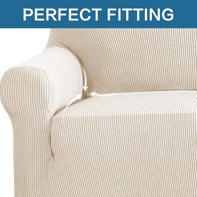 H.VERSAILTEX Stretch Couch Covers for Sofa 1 Piece Slipcovers for Couches and Sofas 3 Seater Couch Cover Feature Thick Checked Jacquard Fabric with Elastic Bottom(Large Sofa 90"-100" Wide, Natural)
