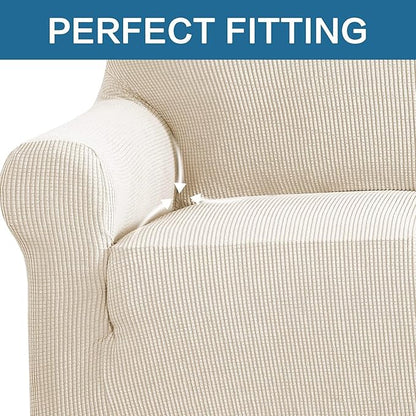 H.VERSAILTEX Stretch Couch Covers for Sofa 1 Piece Slipcovers for Couches and Sofas 3 Seater Couch Cover Feature Thick Checked Jacquard Fabric with Elastic Bottom(Large Sofa 90"-100" Wide, Natural)