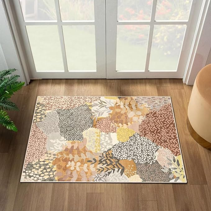 DEXDE 2x3 Area Rug Fall Tropical Small Rugs Entryway Doormat, Indoor Forest Washable Non-Slip Abstract Colorful Leaves Floral Floor Carpet for Living Room, Bedroom, Office, Kids Playroom,Camel