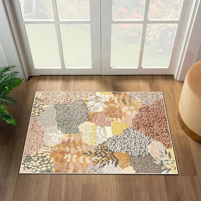 DEXDE 2x3 Area Rug Fall Tropical Small Rugs Entryway Doormat, Indoor Forest Washable Non-Slip Abstract Colorful Leaves Floral Floor Carpet for Living Room, Bedroom, Office, Kids Playroom,Camel
