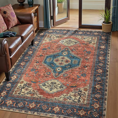 Tangsoo Washable Rug 4x6 Area Rug, Oriental Rug Indoor for Living Room, Non Slip Machine Washable Large Rugs, Soft Print Distressed Terracotta Carpet for Bedroom Dining Room Dorm Office