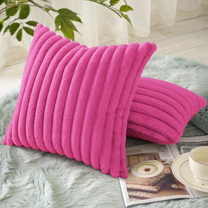 decorUhome Faux Fur Spring Throw Pillow Covers 22x22 Set of 2, Decorative Soft Plush Striped Neutral Couch Euro Sham Pillow Covers with Velvet Back for Sofa, Bed, Living Room Home, Hot Pink