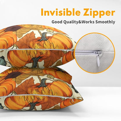 Pumpkin Fall Pillow Covers 16x16 Set of 2 Burnt Orange Autumn Thanksgiving Pillow Cases Sunflower Pattern Outdoor Decorative Holiday Cushion Cover Rustic Decoration Farmhouse Home Sofa Couch Bed Decor