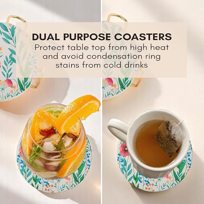 Floral Drink Absorbent Coasters with Holder Set of 6, Ceramic Coaster for Drinks, Coffee Table Decor, Water Absorbing Stone Coaster for Drinks (Blossom)